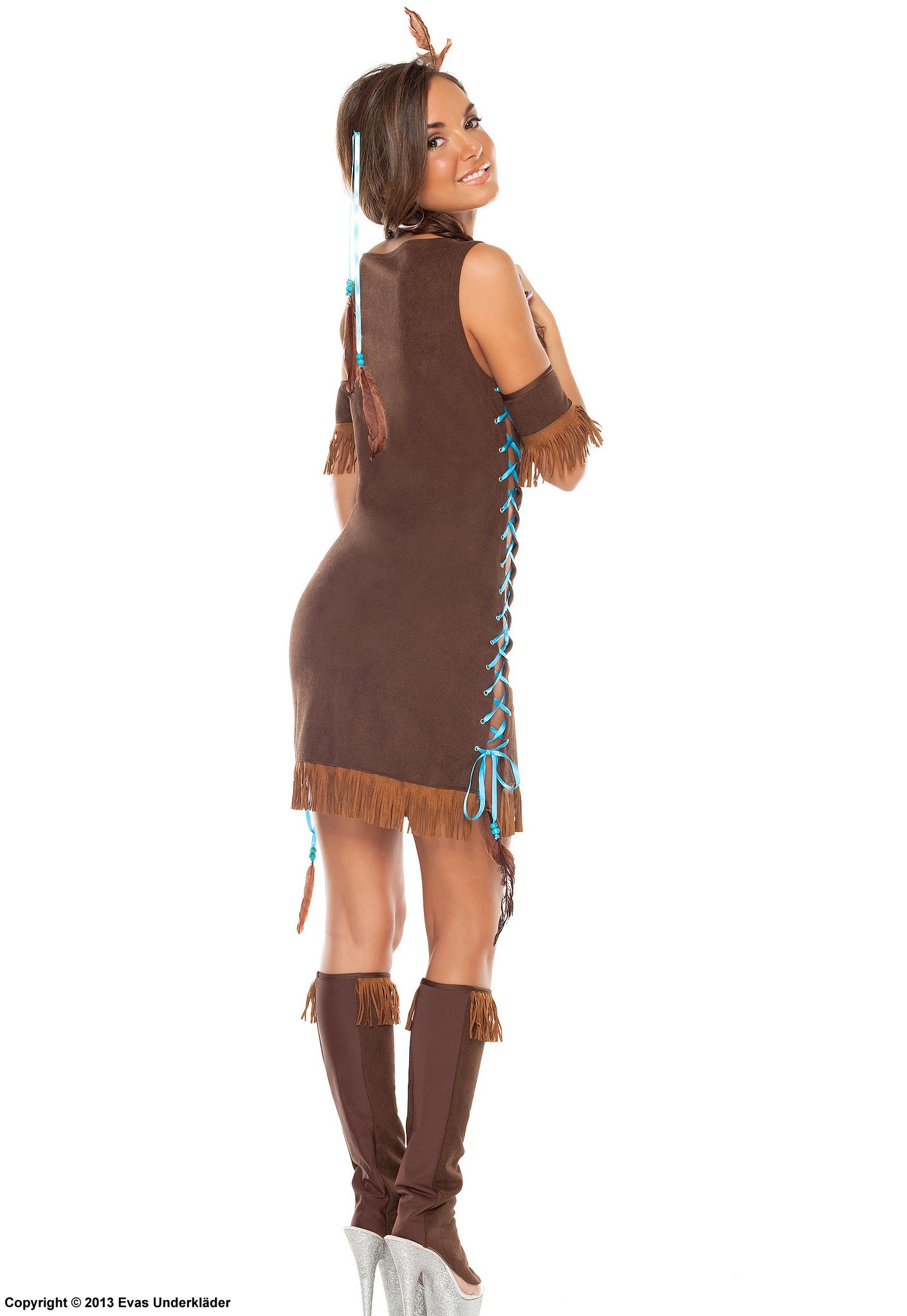 Pocahontas, maskeradklänning med fransar, snörning och pärlor